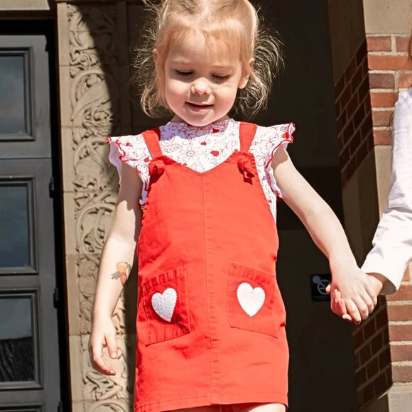💥 SUMMER SALE - RED FLOWER FUN SEQUIN HEARTS OVERALL DRESS - BABY GIRL OVERALLS - Picture 1 of 9